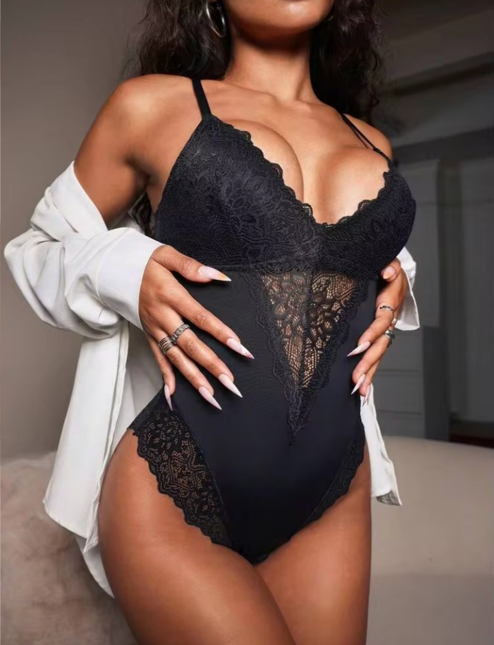 Women’s Black Lace Splice Bodysuit – Stylish V-Neck Floral Lace One-Piece Lingerie